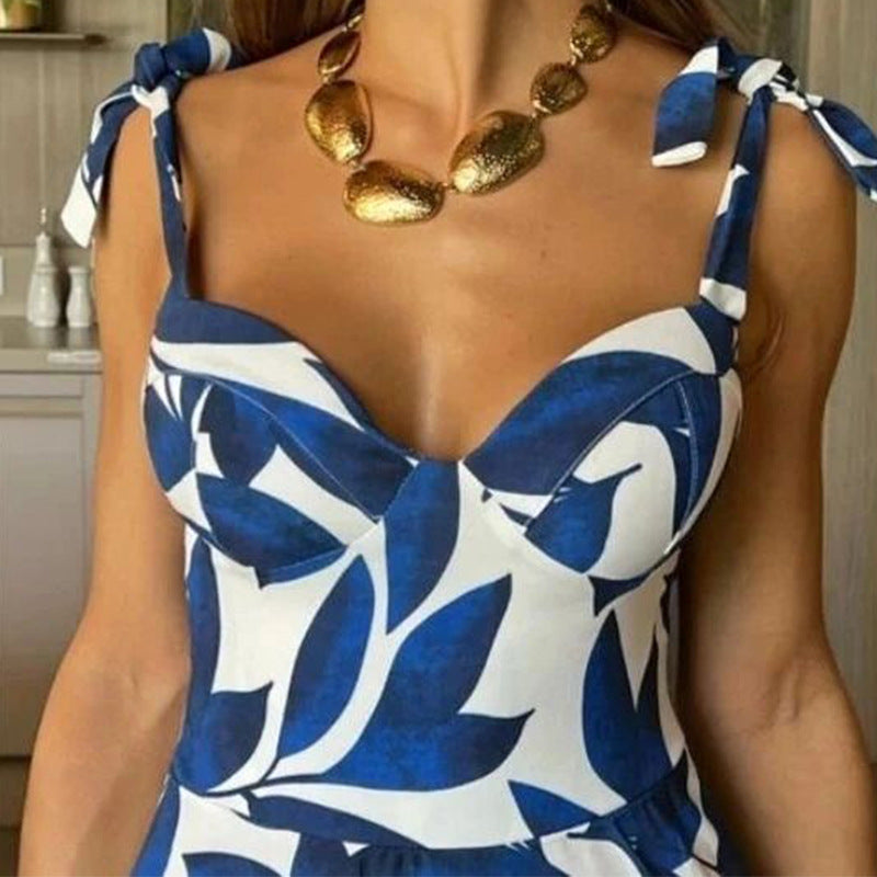 Spring Women's Fashion Chic High Waisted Straps Printed Long Dress 4