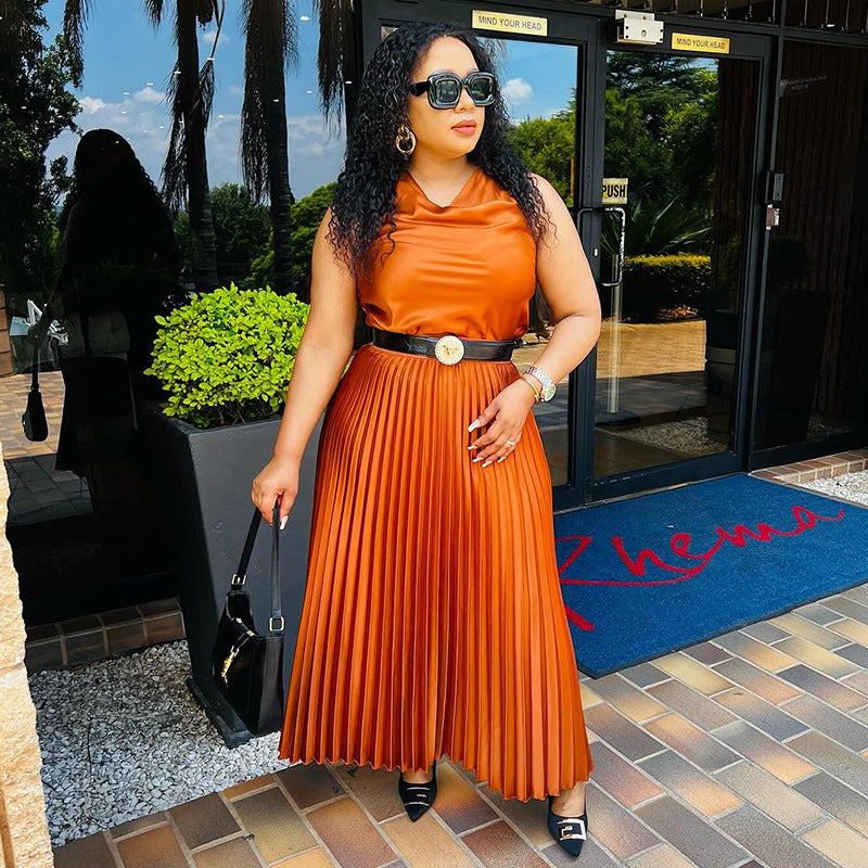 Women Summer Casual Solid Sleeveless Top and Pleated Skirt Casual Two-piece Set 5
