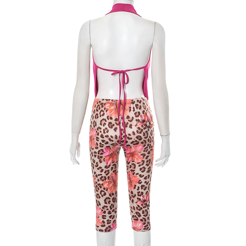 Women Solid Halter Neck Backless Top and Leopard Print Shorts Two-piece Set 7