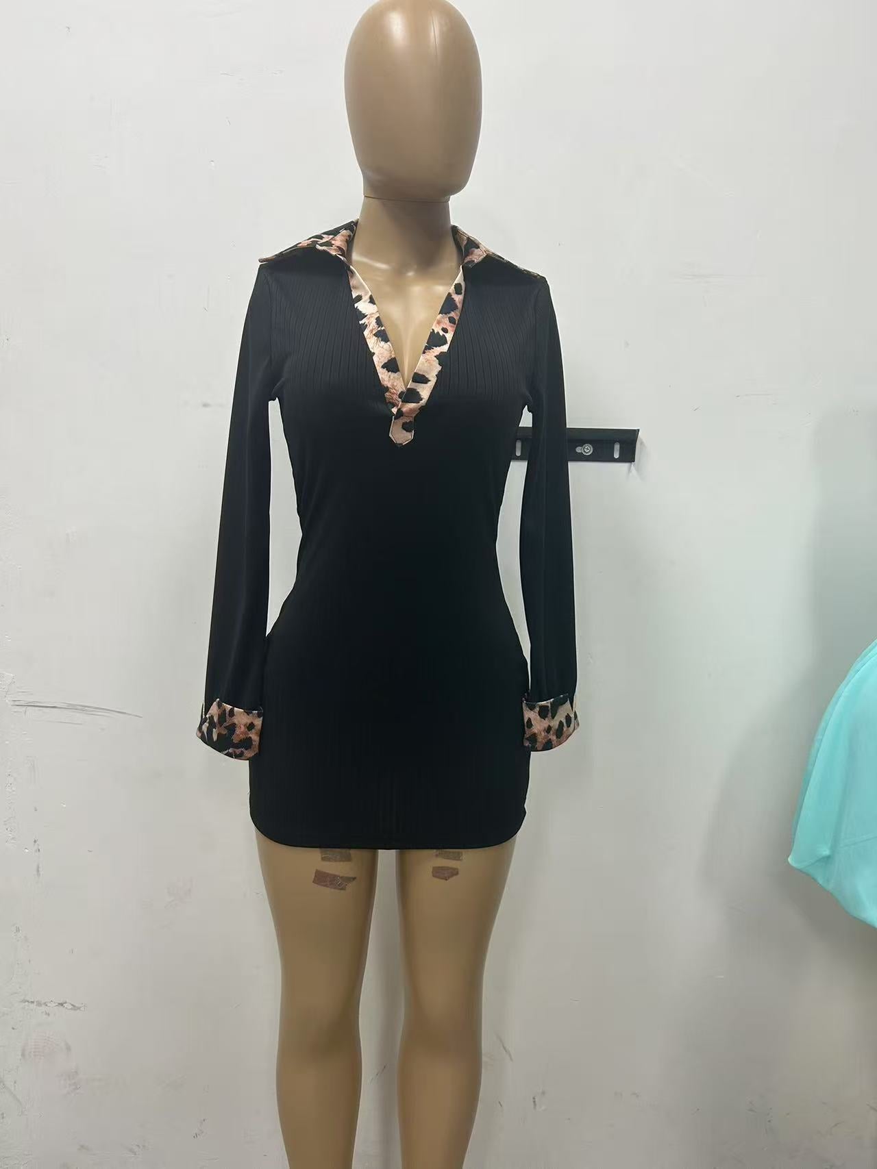 Leopard Print Deep V Turndown Collar Tight-Fitting Bodycon Dress 5