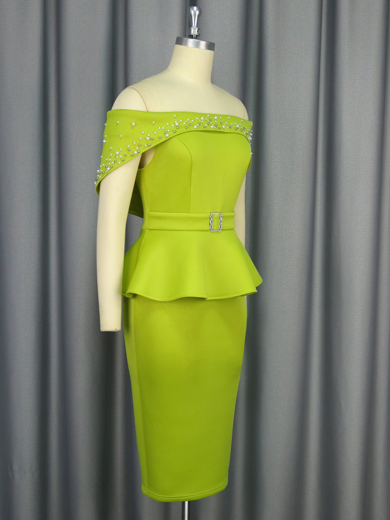 Off Shoulder Beaded Ruffle Peplum Formal Party Dresses 5