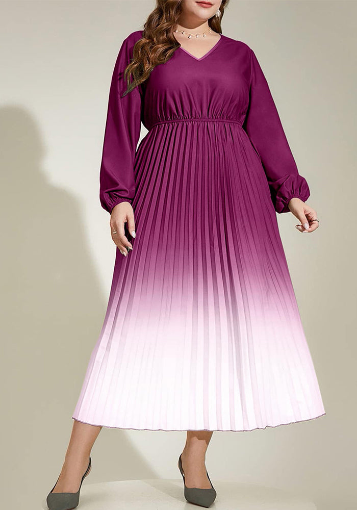 Autumn Chic Gradient Pleated Plus Size Long Sleeve Women's Long Dress