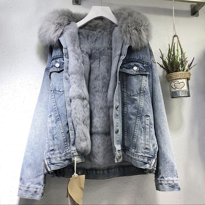 Women Winter Fur Collar Detachable Denim Plush Jacket 4