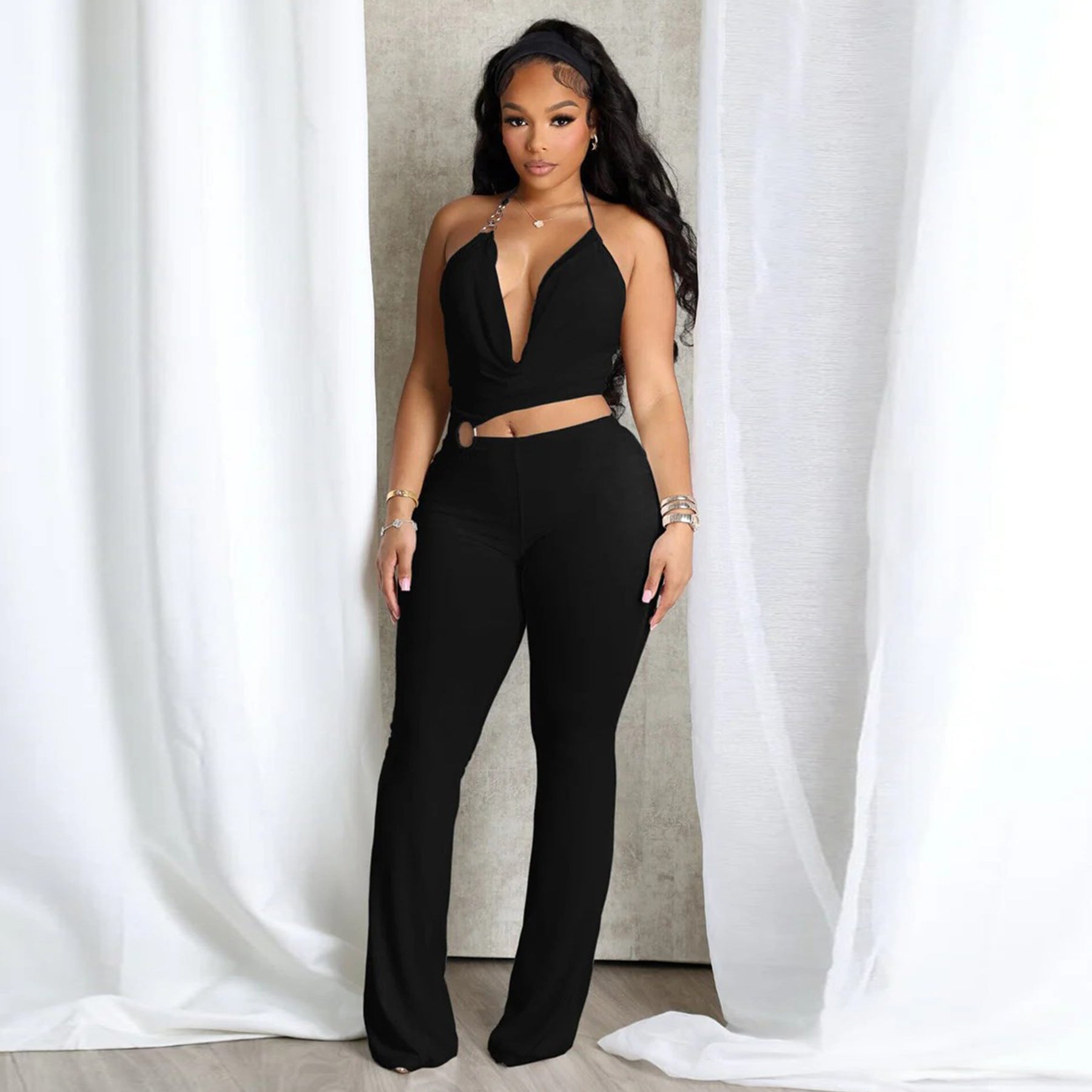 Women’s Circle-Embellished Halter Neck Open-Waist Jumpsuit 11