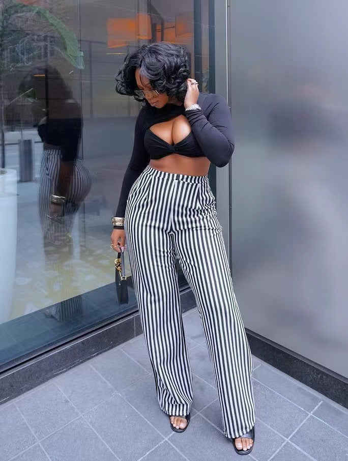 Women Black Stripe Print Straight Casual Wide Leg Pants