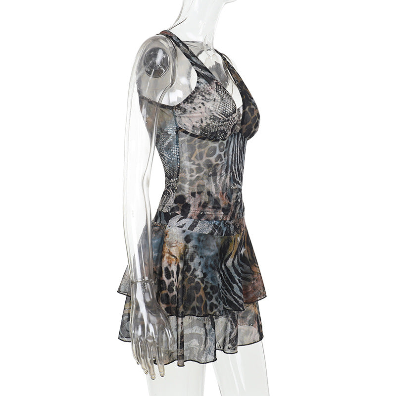 Women Holidays Patchwork Ruffle Edge Irregular V Neck Sexy Halter Neck Top and Skirt Two-piece Set 6