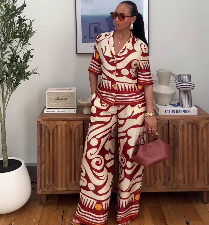 Fashion Women's Turndown Collar Printed Shirt & High-Waisted Wide-Leg Pants African Chic Elegant Two-Piece Set For Summer 3