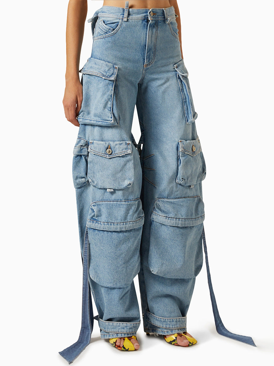 Women Street Denim Washed Cargo Wide-Leg Pants
