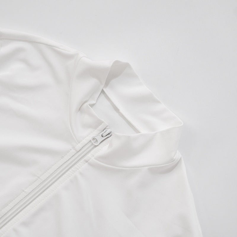 Women Stand Collar Contrast Patchwork Long Sleeve Finger Zipper Top Knot Shorts Two-Piece Set 24