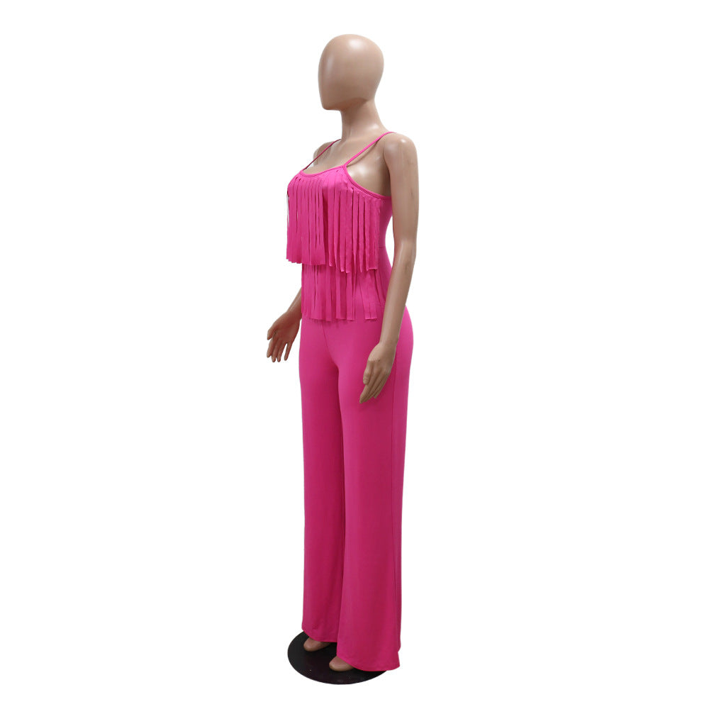 Women Summer Fashionable Strap Solid Color Tassel Slim Jumpsuit 7
