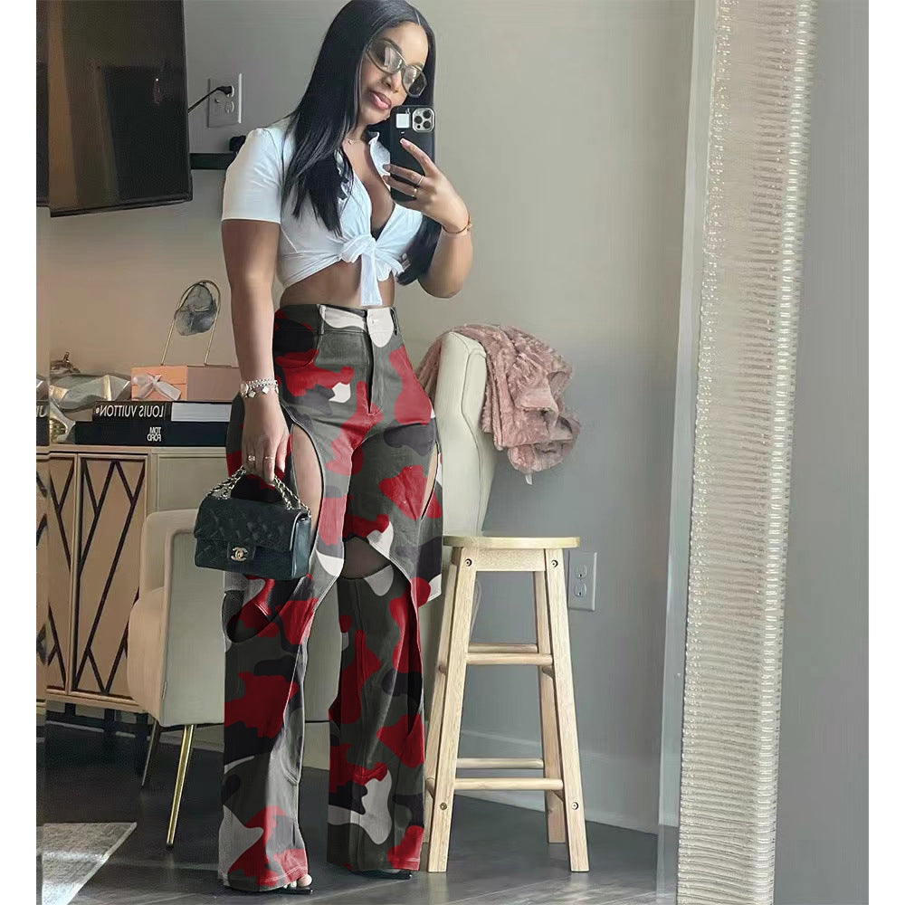 Women Printed Ripped Crossover Cargo Straight Leg Pants 6