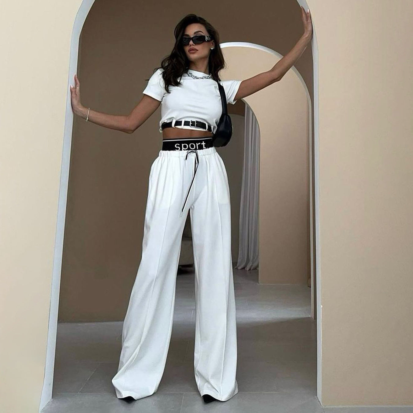Fashion Short-Sleeved Women's Spring Crop Belt Decorative Top Wide Waist Sweatpants Two-Piece Set 4