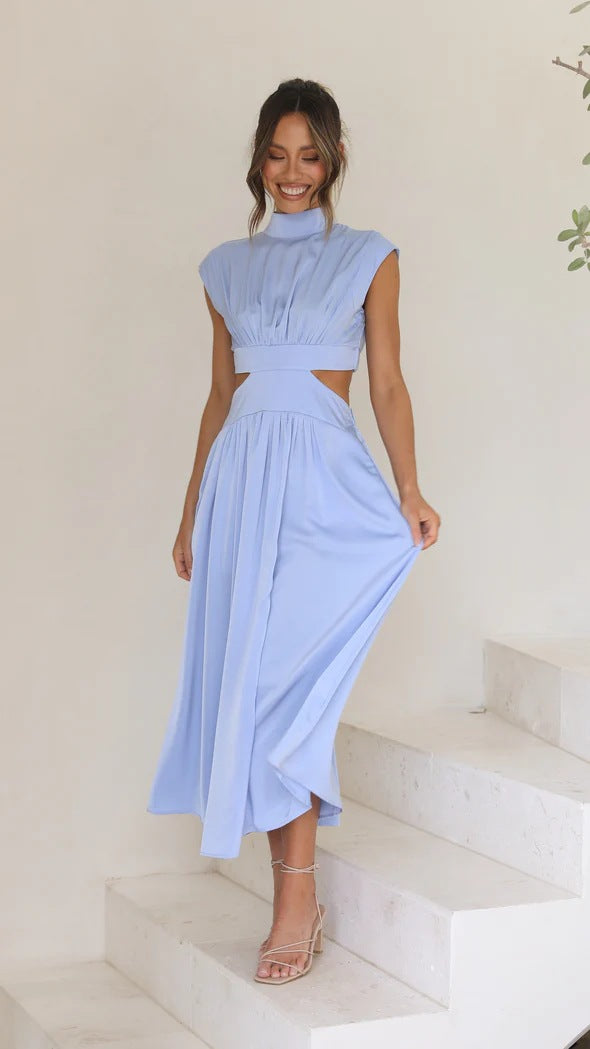 Women Summer Stand Collar Macaron Cut Out Maxi Dress 20