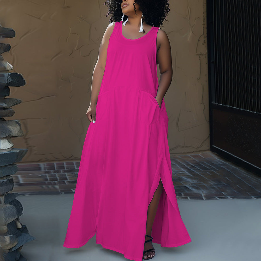 Plus Size Women Summer Pocket Sleeveless Round Neck Dress 5