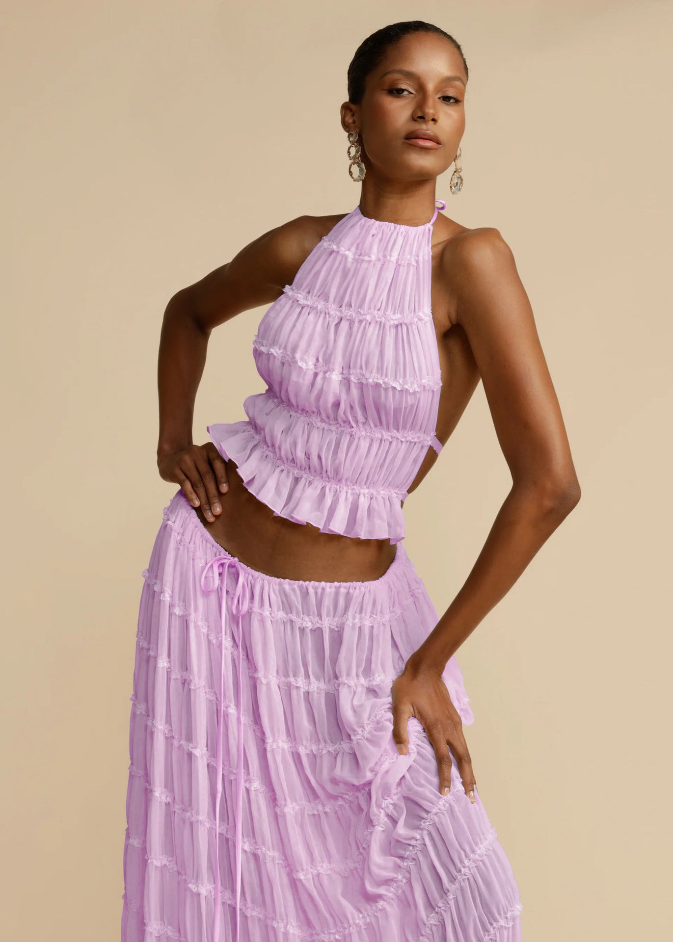 Women Spring Summer Casual Halter Neck Top and Long Skirt two-piece set 30