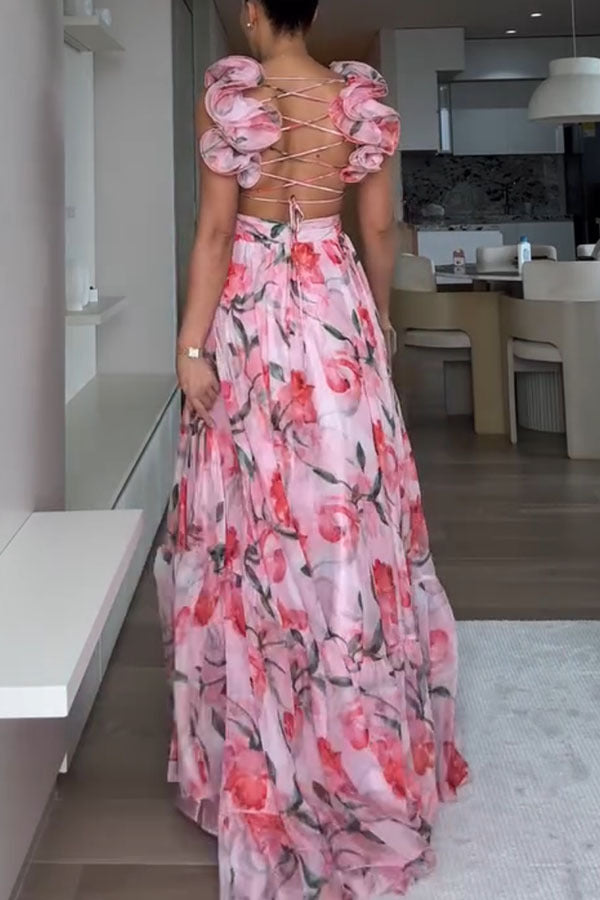 Spring/Summer Chiffon Ruffle Print Pleated Holiday Dress for Women 7