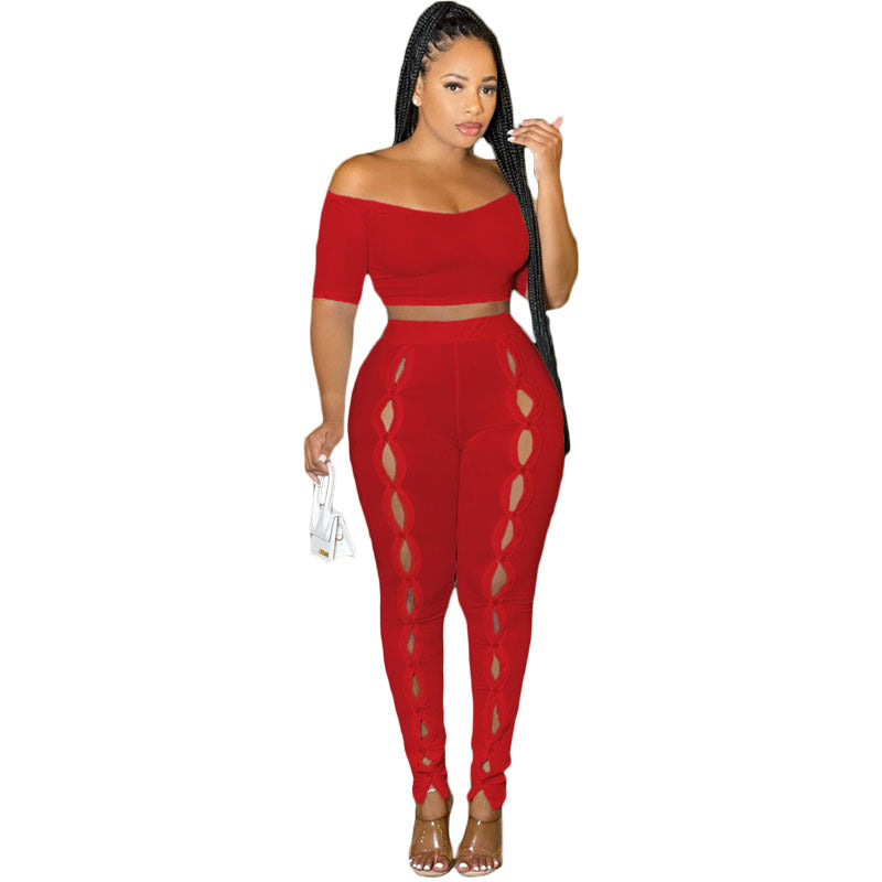 Women Summer Sexy Off Shoulder Short Sleeve Top and Button Pants Two-Piece Set 15