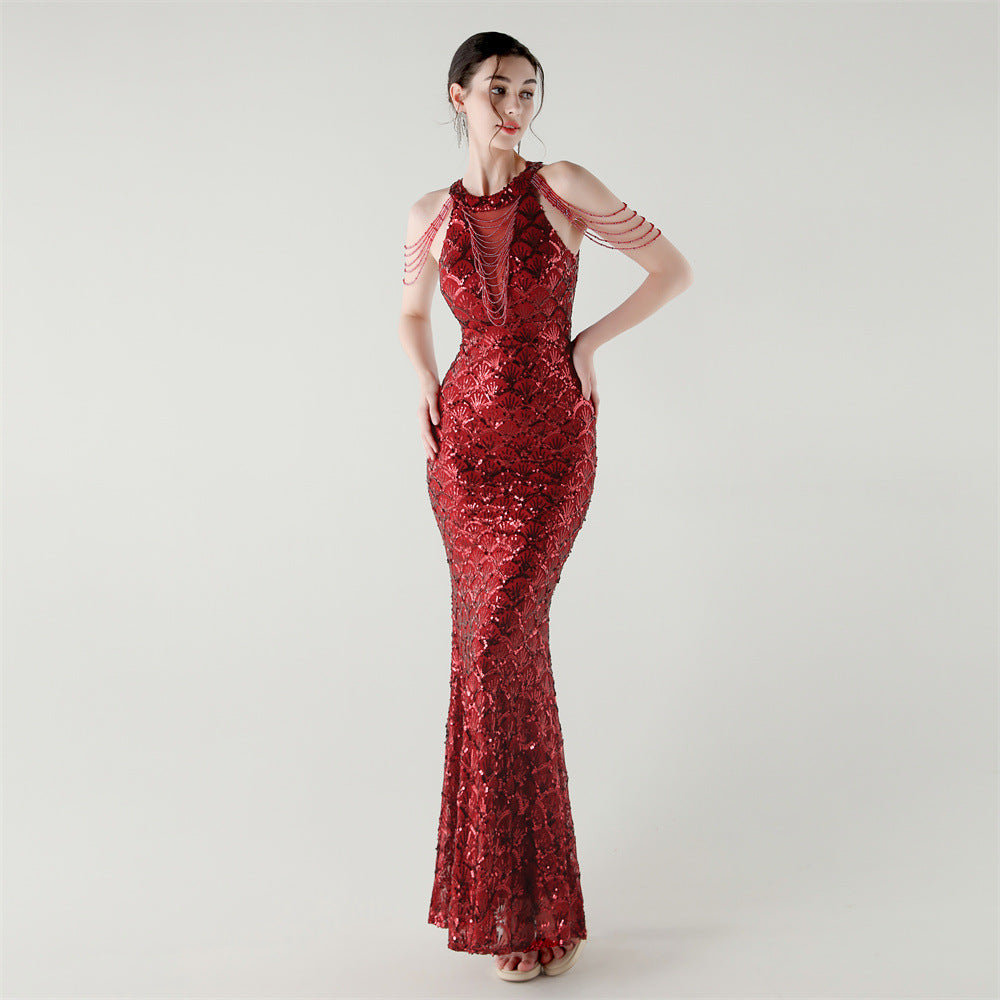 Elegant Chain-Decorated Fishtail Sequin Evening Dress for Formal Ceremonies