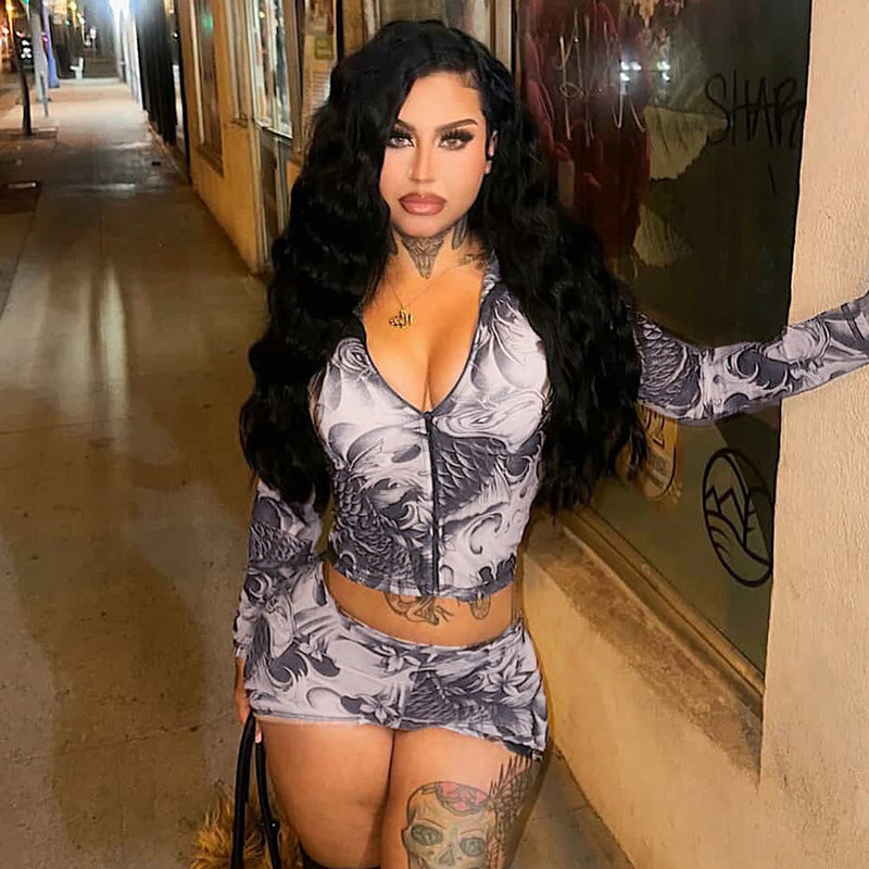 Women's Summer Autumn Zipper Round Neck See-Through Print Long Sleeve Two Piece Shorts Set