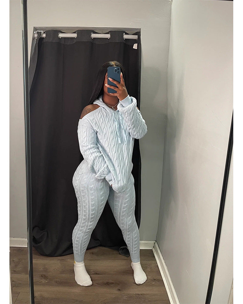 Women's Fashion Solid Color High Stretch Knitting Hooded Sweater Slim Long Pants Two Piece Set