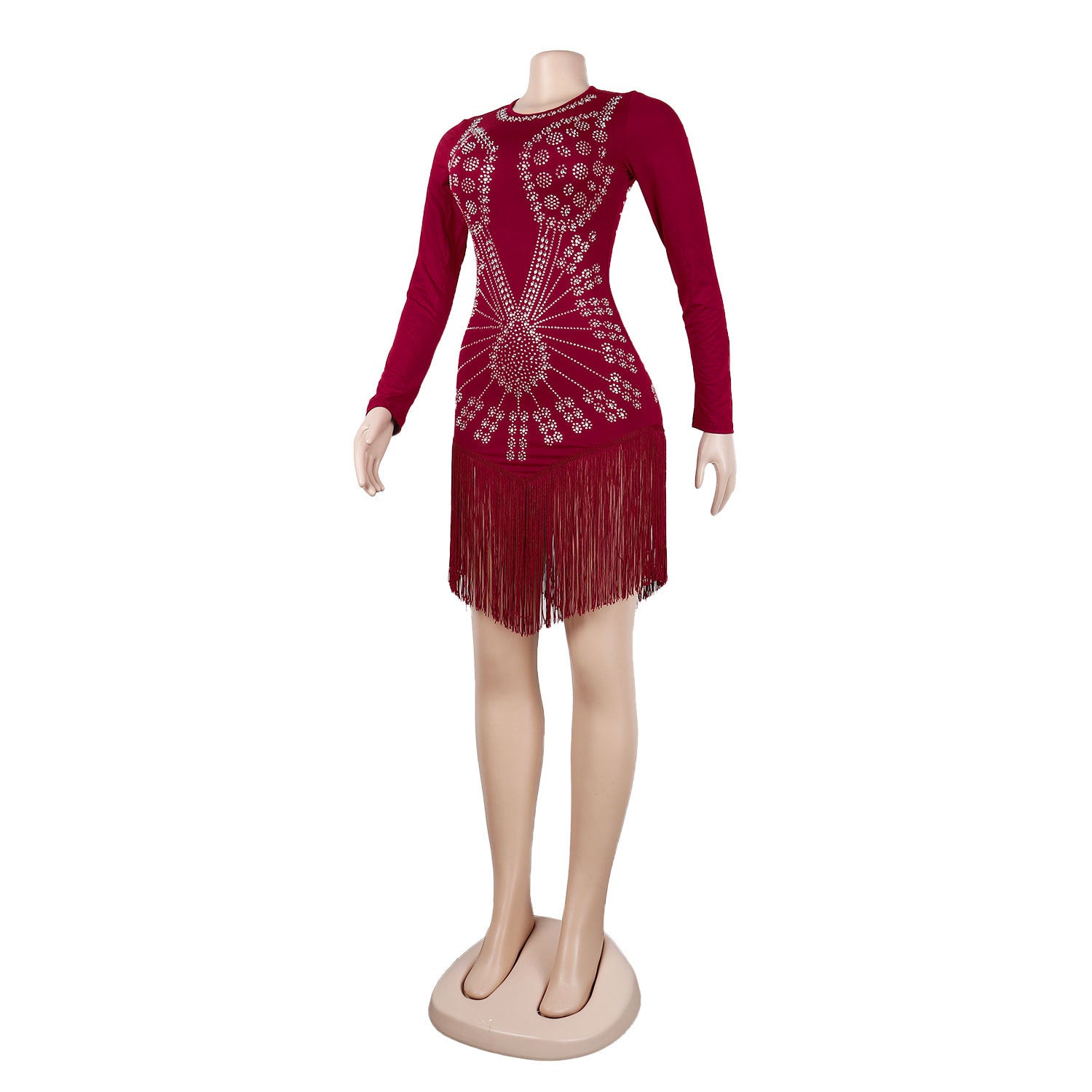 Women Sexy Long Sleeve Rhinestone Fringe Bodycon Dress 19