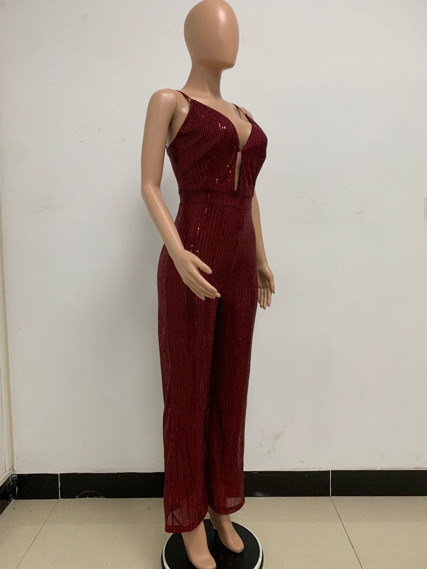 Deep V Neck Low Back Sleeveless Chic Sequined Straps Elegant Women's Party Jumpsuit 41