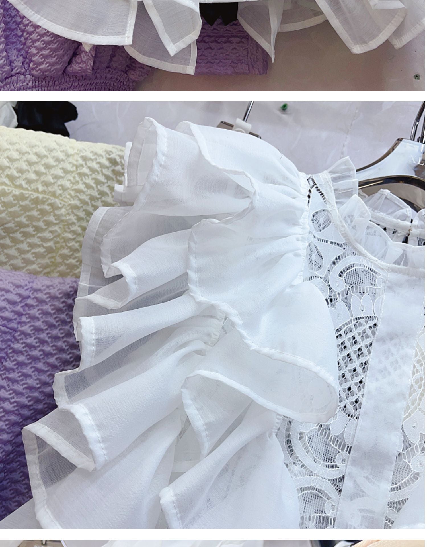 Women Summer French Ruffle Patchwork Crochet Hollow Stand Collar Lace Shirt 19