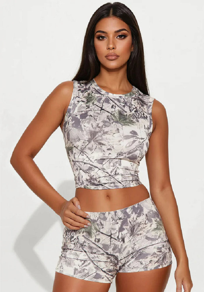 Casual Camouflage Print Round Neck Vest Shorts Set