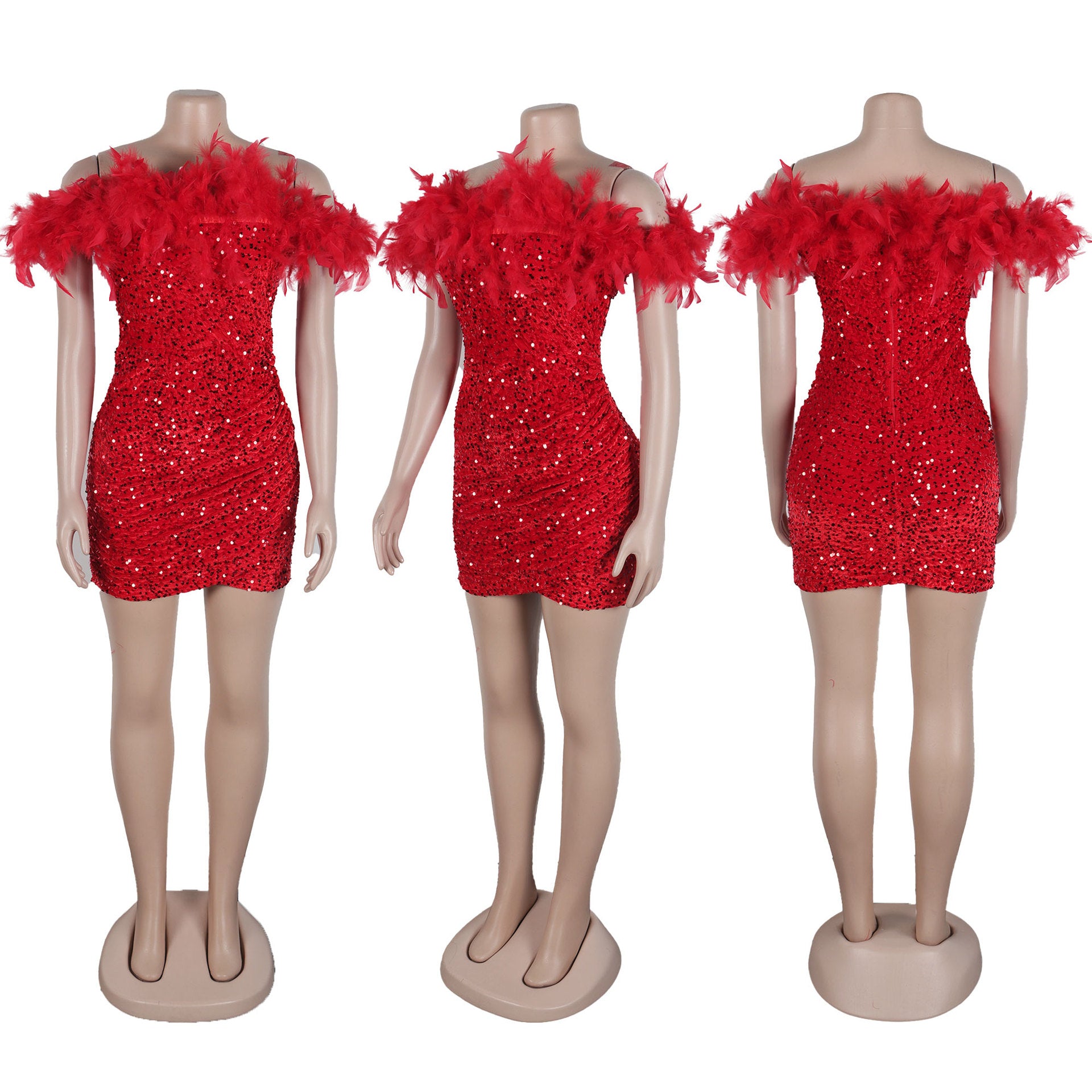 Sexy Sequin Feather Off Shoulder Bodycon Dress 14