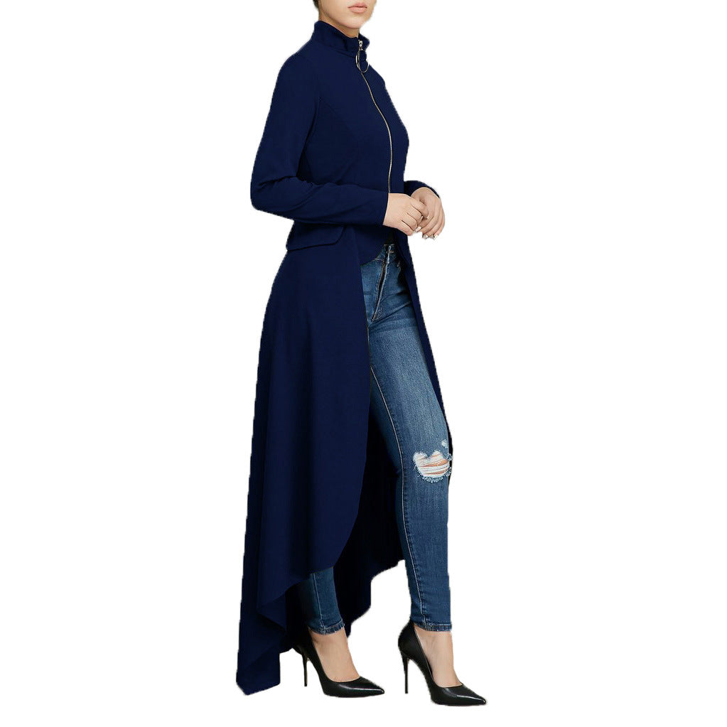 Spring Long-Sleeved High-Neck Slim Zipper Irregular Long Dress 66