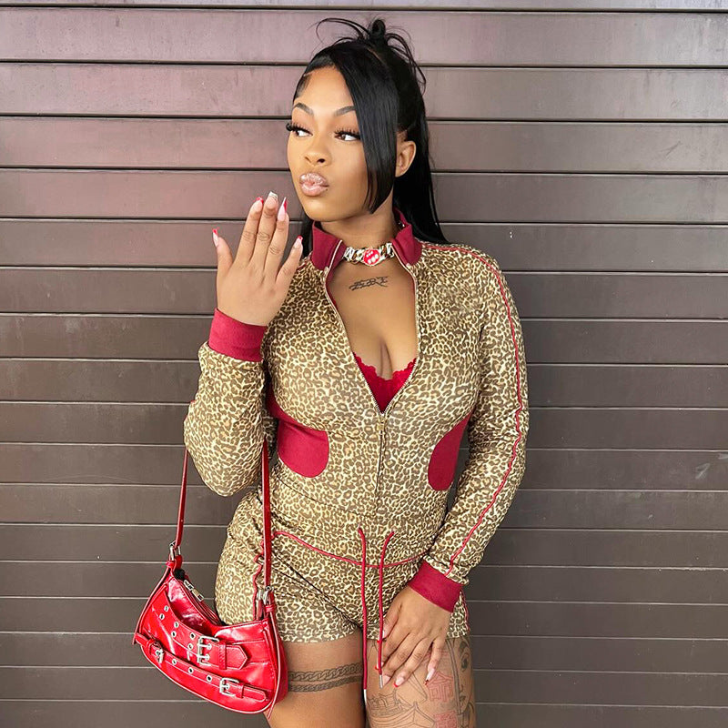 Women's Leopard Print Color Block Long Sleeve Zipper Coat Drawstring Shorts Two-Piece Set