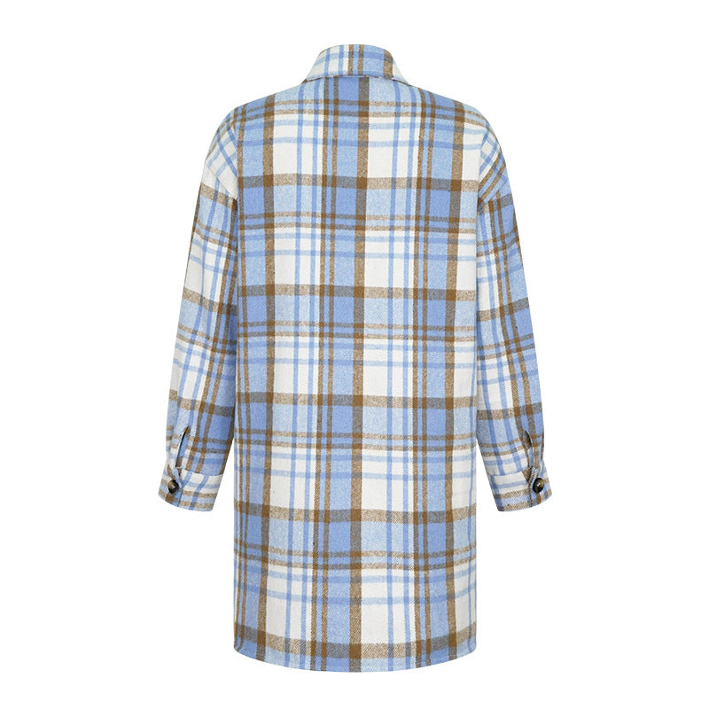 Women Turndown Collar Button Plaid Pocket Long-Sleeved Shirt 5