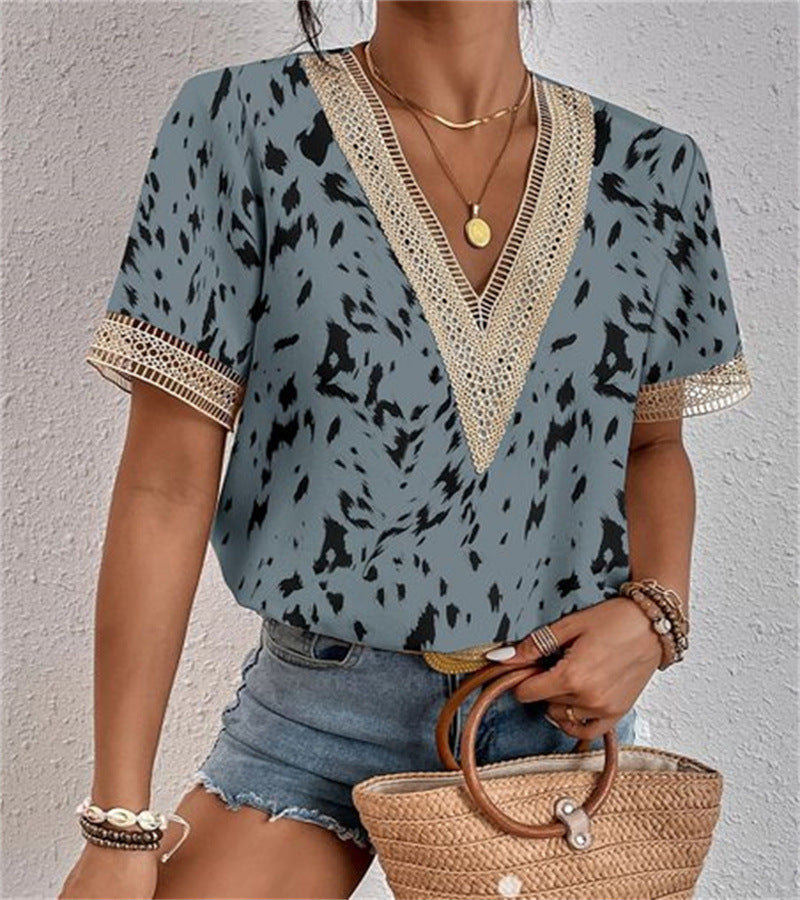 Women's V-Neck Lace Loose Blouse Chic Career Short Sleeve Women's Shirt 37