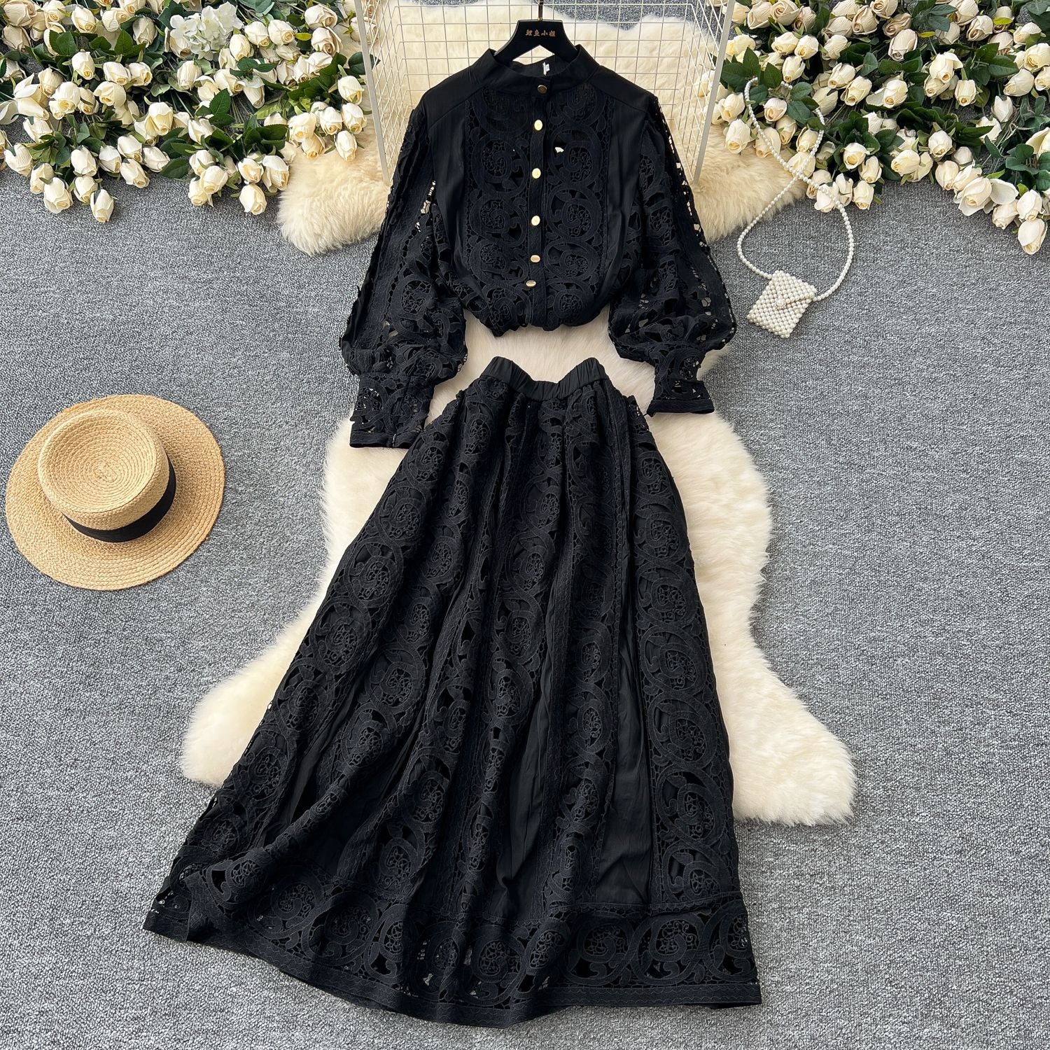 Autumn Lace Sheer Embroidered Blouse High Waist Midi Skirt Set 8