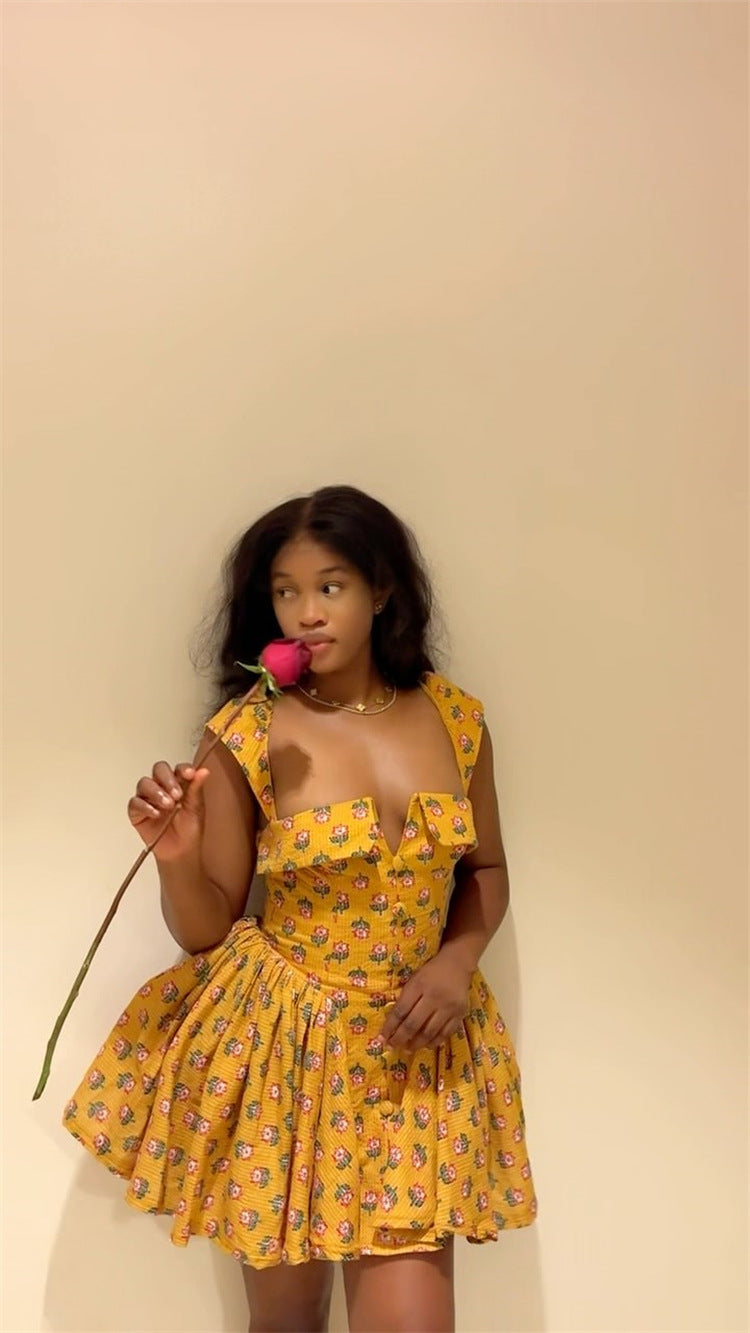 Women Summer Square Neck Printed Irregular Mini Dress 6