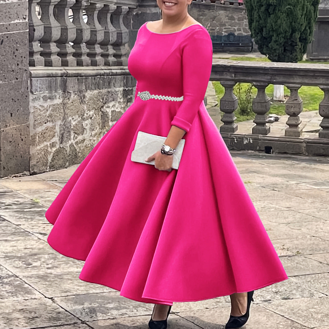 Autumn Winter Solid Color Elegant A-Line Chic Evening Dress 4