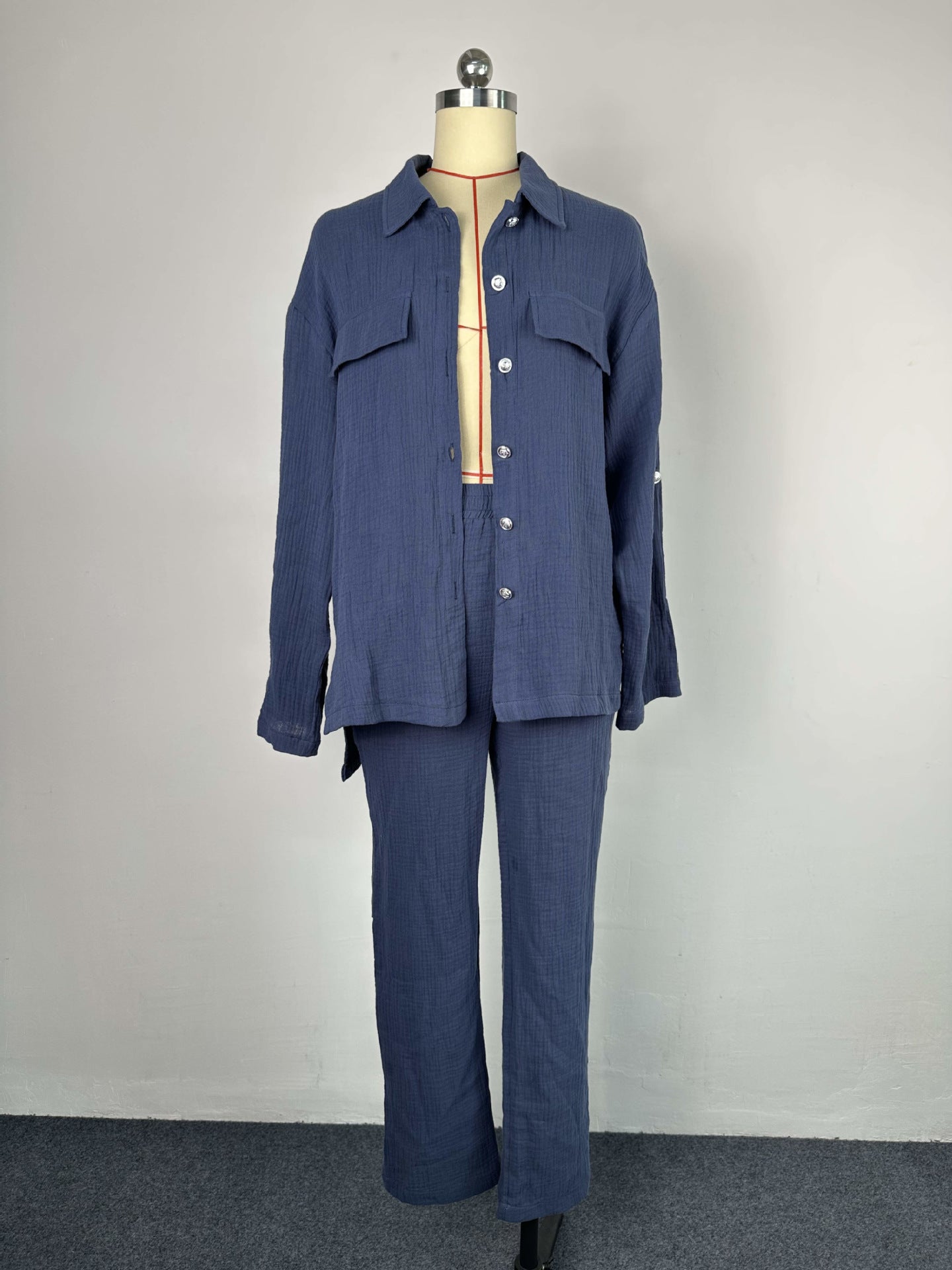 Plus Size Women's Double Crepe Oversized Turndown Collar Long Sleeve Set 17