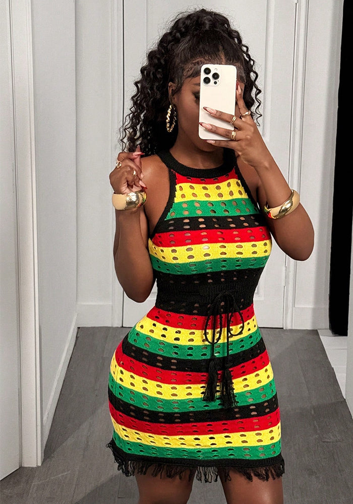 Women Striped Contrast Color Hollow Drawstring Bodycon Tassel Dress