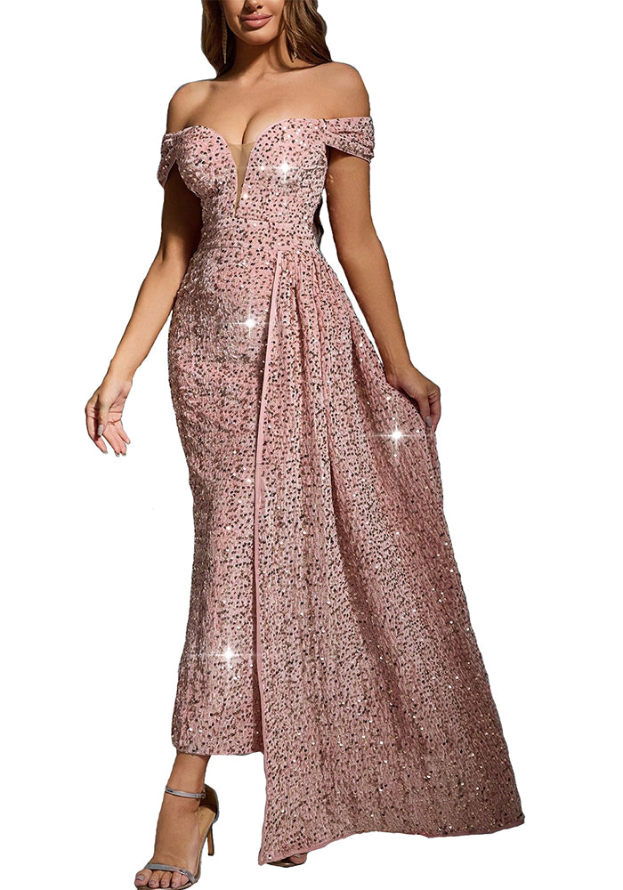 Women's Chic Sexy Sequin Off-Shoulder Solid Color Party Dress