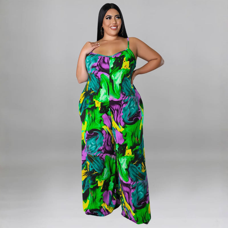 Plus Size Women summer suspender print Jumpsuit with belt 6