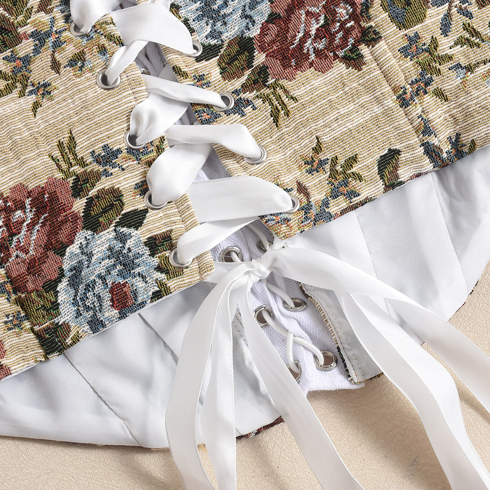 Summer Slim Contrast Low-Back Lace-Up Jacquard Skirt Set for Women 11