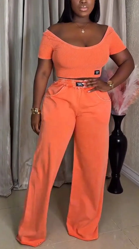 Summer Women's Solid Color Round Neck Short Sleeve Top Casual Pants Set