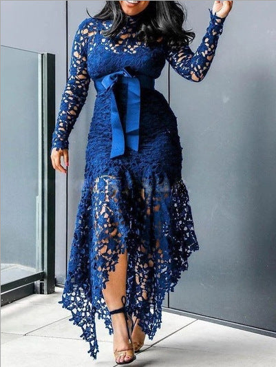 Women Lace Hollow Long Sleeve Stand Collar Lace Irregular Dress 7