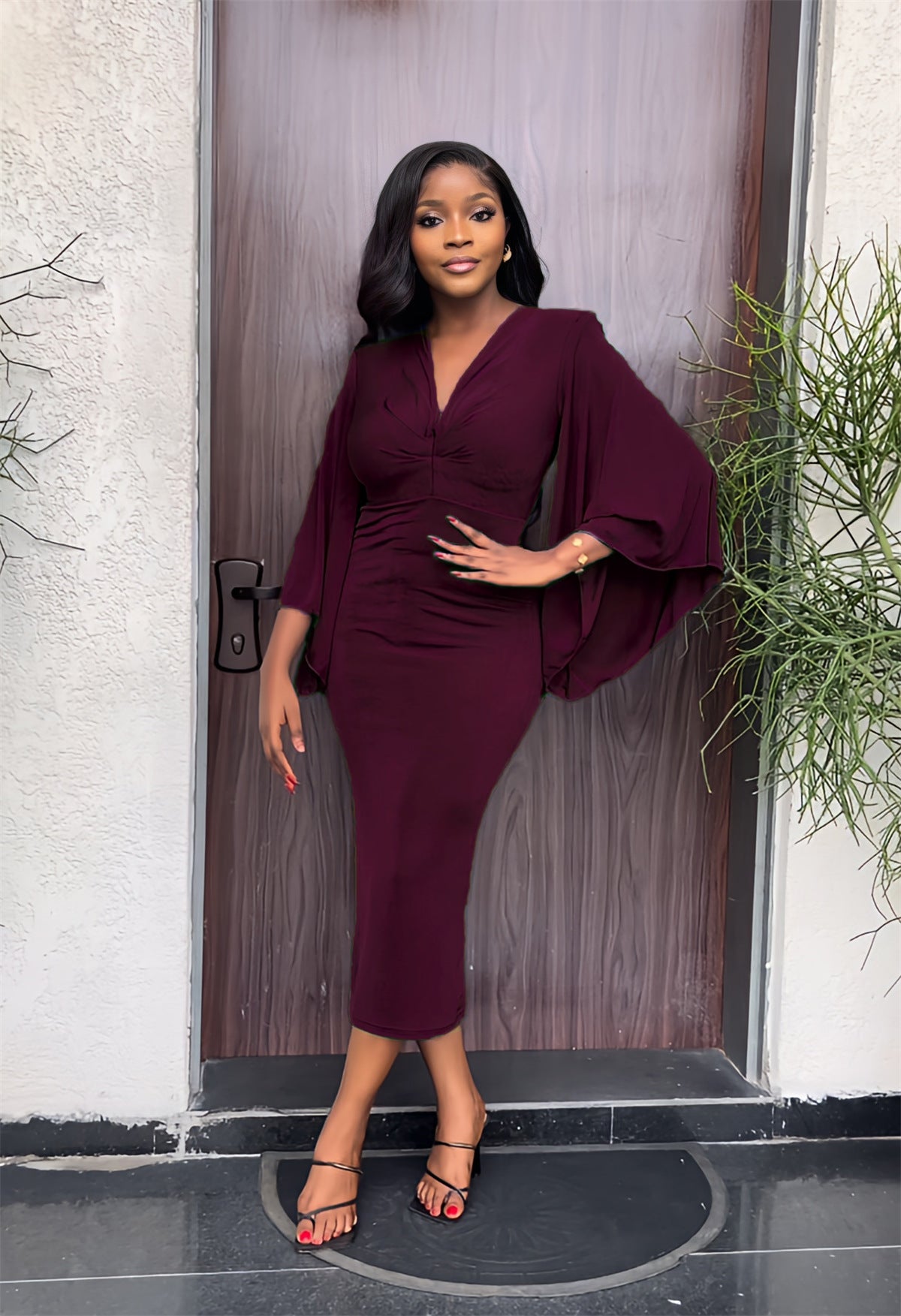 Chic Elegant Bat Sleeves V-Neck Slim Midi Women's Dress 6