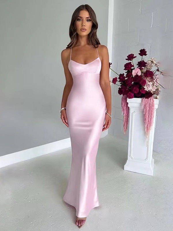 Women Sexy Suspender Satin Backless Lace-Up Dress 10