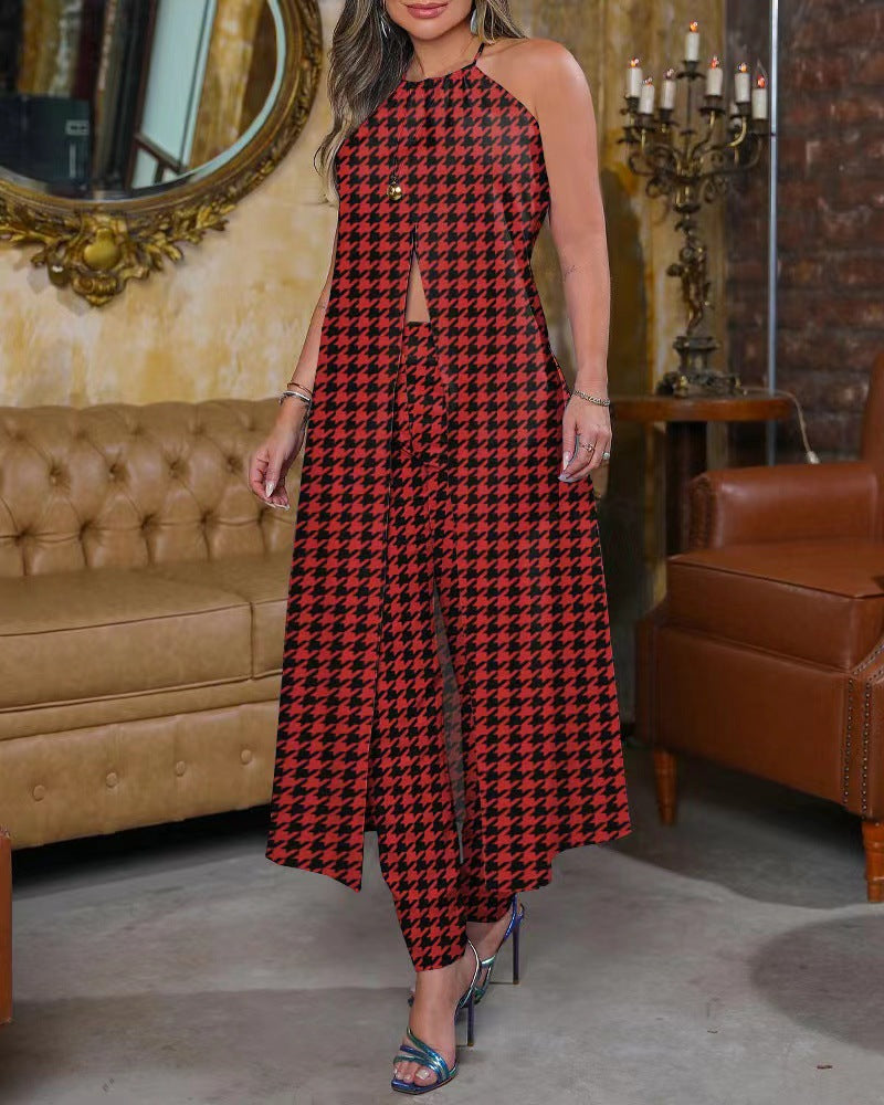 Spring And Summer Chic Halter Neck Sleeveless Houndstooth Printed Loose Top High Waist Pants Two Piece Set 14