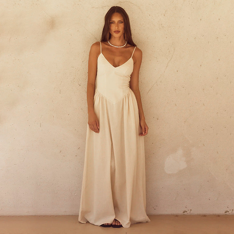 Women Suspender Dress V Neck Backless Solid Dress 7