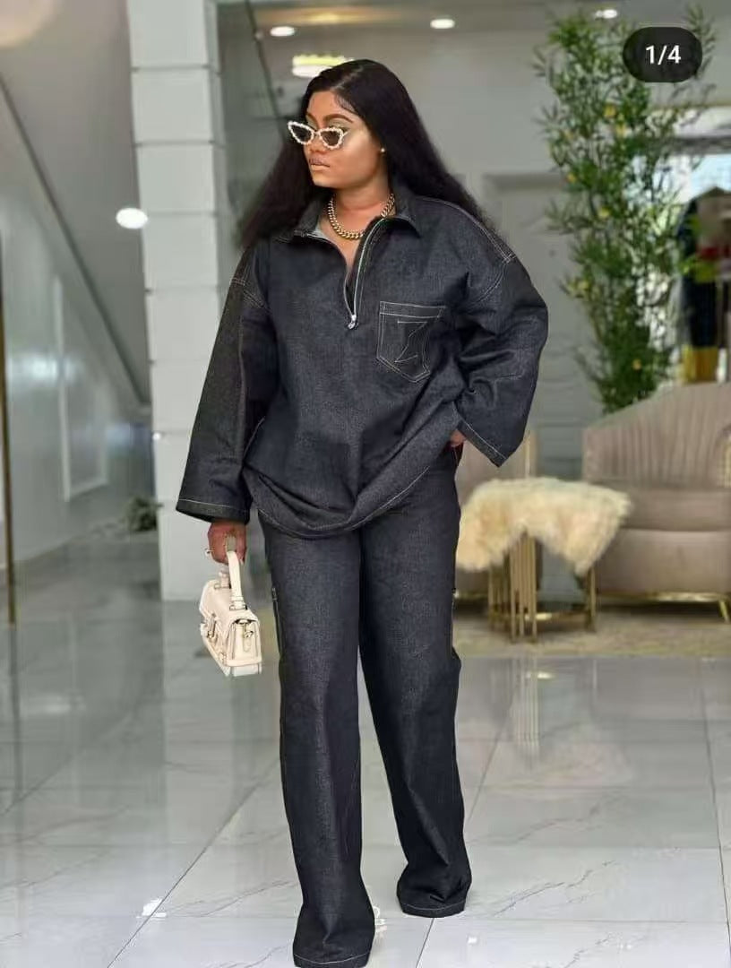 Women Autumn Denim Long-Sleeved Embroidered Turndown Collar Top and Two-Piece Pants Set