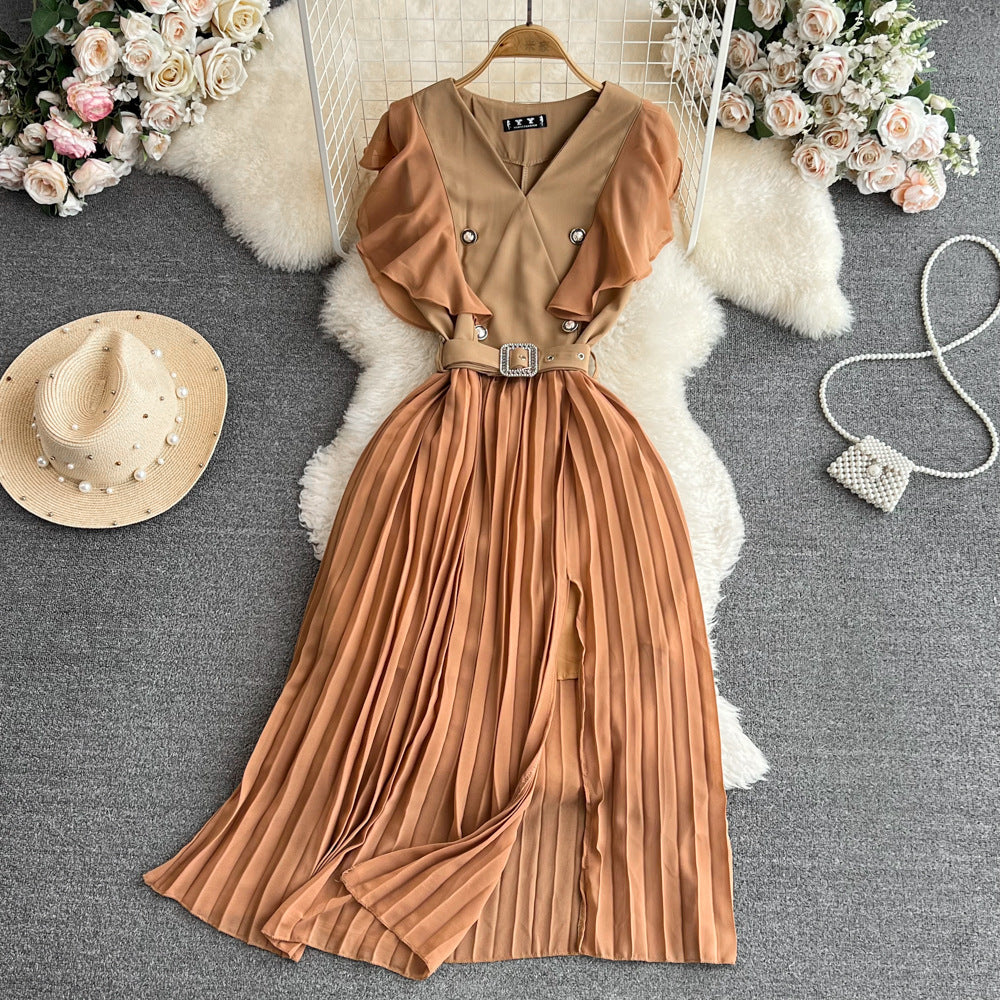 Women Contrast Color Flying Sleeve Collar Slit Pleated Dress 13