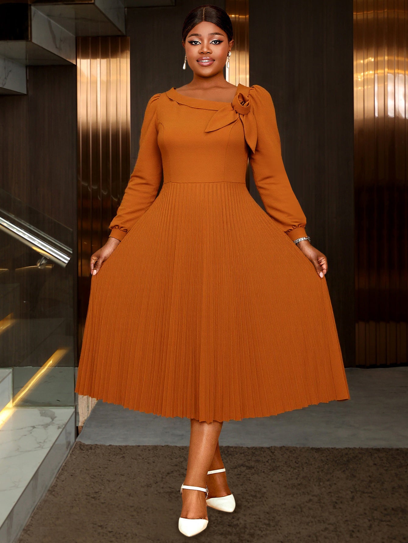 Plus-Size Women Elegant Brown Long-Sleeved Slash Shoulder Floral Pleated Evening Dress 5